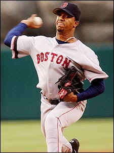 16 Jul. 2004: Boston Red Sox pitcher Pedro Martinez (45) in action during  the first inning of a game against the Anaheim Angels, on July 16, 2004,  played at Edison International Field